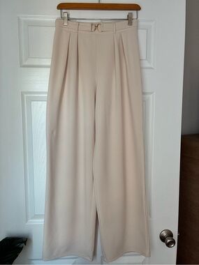 H&M Cream Wide-Leg High-Rise Pants with Belt Detail